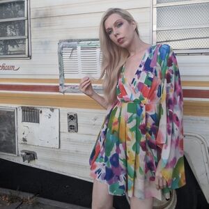 H&M The Garden Collection Kimono Sleeve Dress 32 0/2 Rare Floral Boho Festival